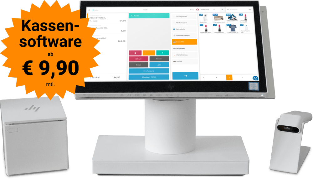 ETRON onRetail Kassenset HP Engage mit Scanner und Bondrucker - Kassensoftware ab €9,90 mtl.