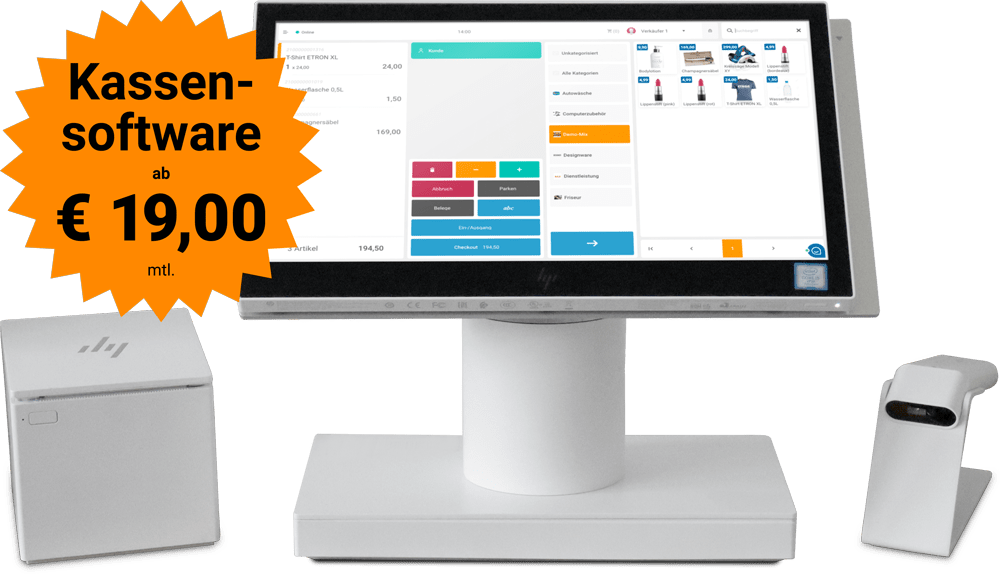ETRON onRetail Kassenset HP Engage mit Scanner und Bondrucker - Kassensoftware ab €19,00 mtl.