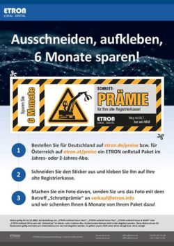 Mit der Eintauschaktion „ETRON Schrottprämie“ haben Sie jetzt die Möglichkeit 6 Monate ETRON onRetail geschenkt zu bekommen, wenn Sie Ihre alte Registrierkasse gegen unsere moderne, kostengünstige Softwarelösung eintauschen!