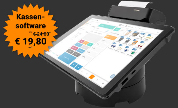 ETRON onRetail Kassensystem: Tablet-Kasse mit integriertem Bondrucker, Scanner und Kartenzahlung. Kassensoftware ab € 19,80 mtl.