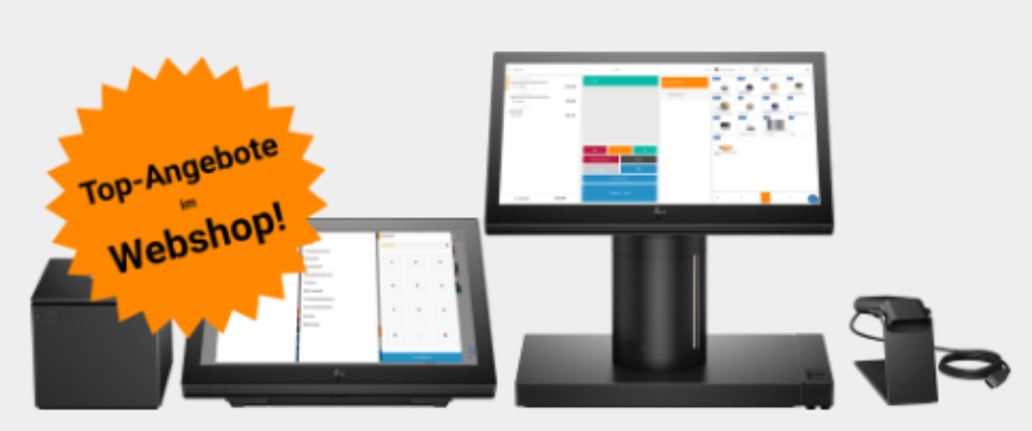 ERTRON onRetail Kassensystem und orangener Sticker mit der Aufschrift "Top-Angebote im Webshop"