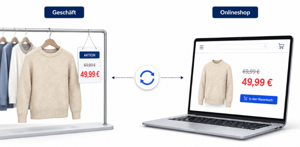 Ein Preis, zwei Kanäle: Pullover mit gleichem Aktionspreis im Geschäft und im Onlineshop dank ETRON onRetail.