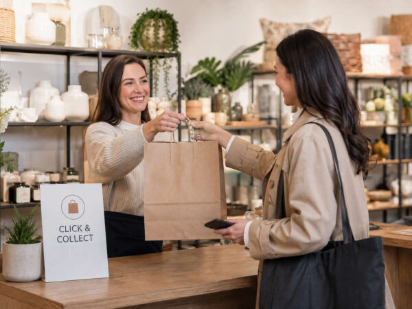 Click & Collect: Händlerin übergibt einer Kundin die online bestellte Ware im Geschäft
