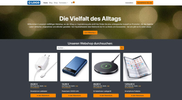 Mit ETRON onRetail erstellte Website mit Onlineshop: Startseite mit Design-Theme, Navigation und Produktübersicht